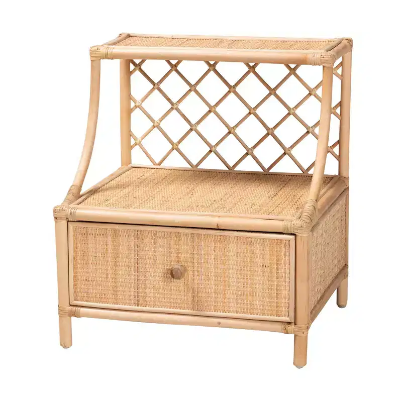 Modern Bohemian Natural Brown Rattan 1-Drawer Nightstand with Shelf