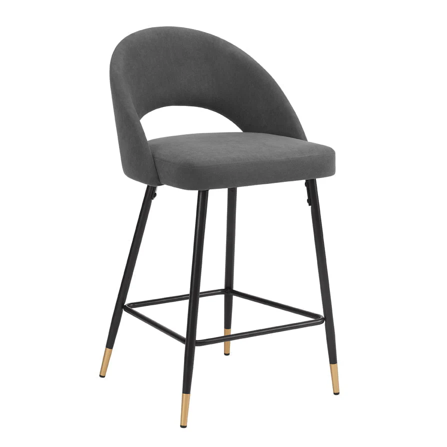 Luxe Grey Matte Velvet Barstool with Half-Moon Design for Kitchen