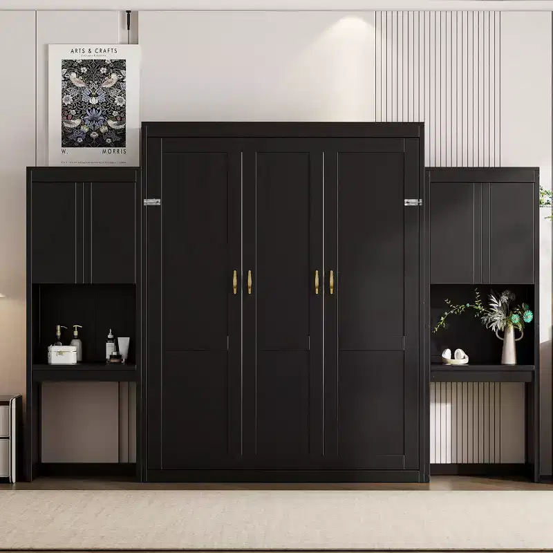 Queen Size Murphy Bed with Desk, Vanity Mirror and Cabinets
