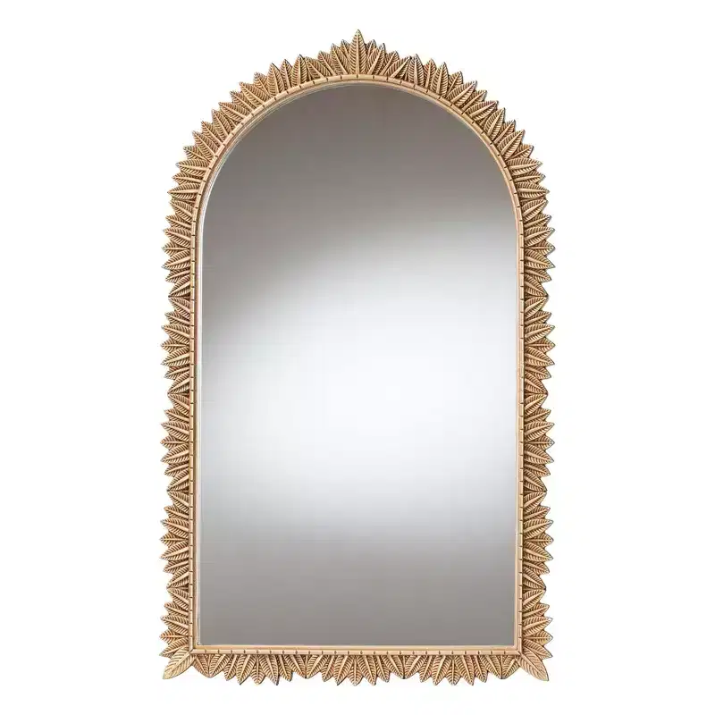 Arched Wall Mirror with Carved Leaf Border - Gold Finish