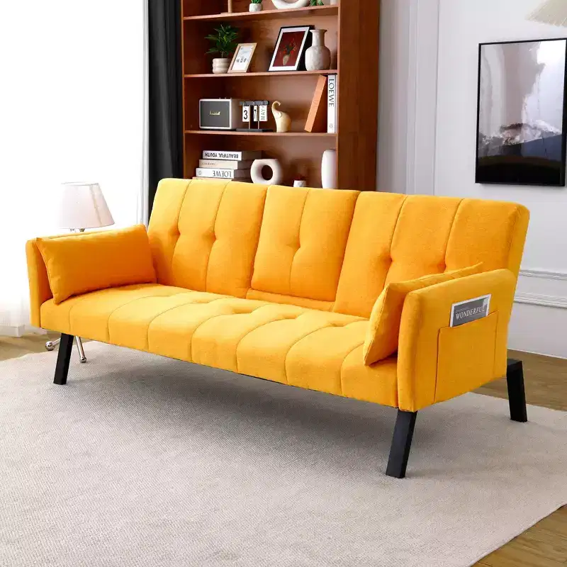 MAYEERTY 70 Inch Multifunctional Cotton Sofa Bed with Cup Holder Side Storage for Living Room Bedroom Yellow