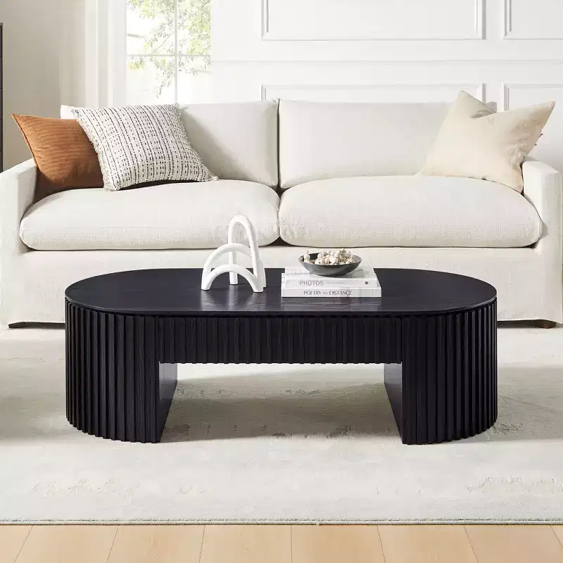 Modern Wooden Oval Pedestal Coffee Table with Drawer & Handcrafted Relief