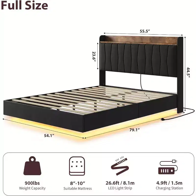 COZONY Safe Floating Bed Frame, LED Lights & Charging Station, Upholstered Headboard, Wood Slats