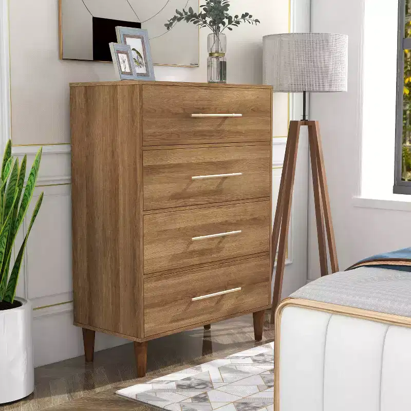 Mid-Century 4 Drawer Chest Light Oak - Rubberwood, Tapered Legs, Anti-Tip Hardware