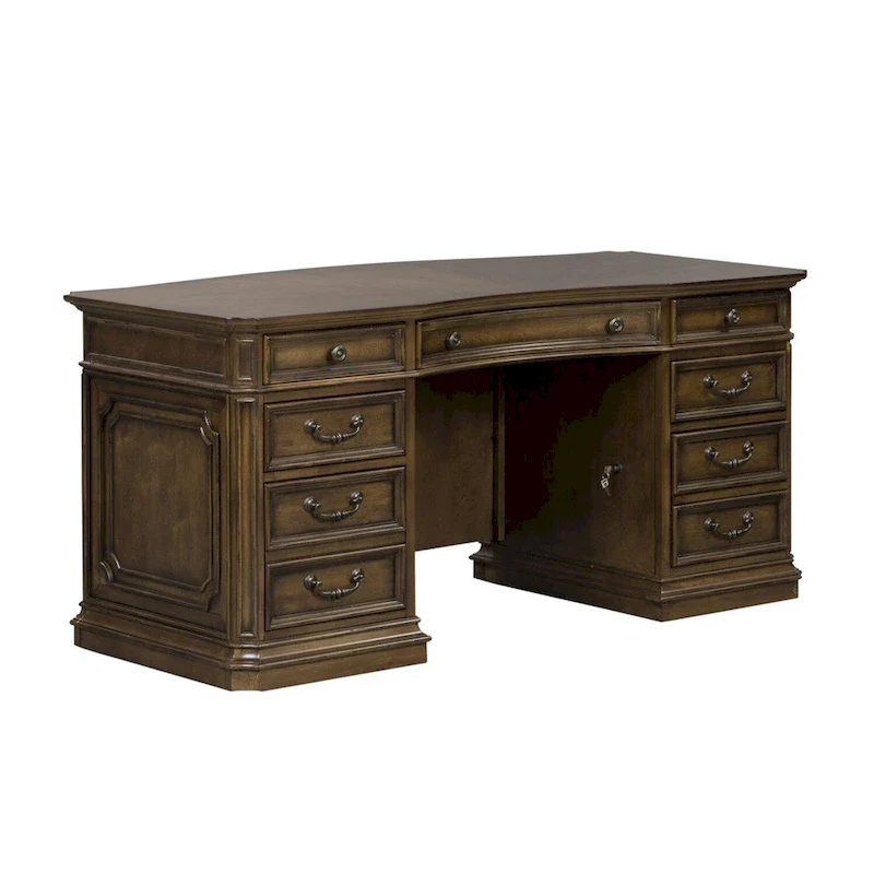 Antique Toffee Traditional Jr. Executive Desk with 7 Drawers and Locking File Drawers – Single Unit