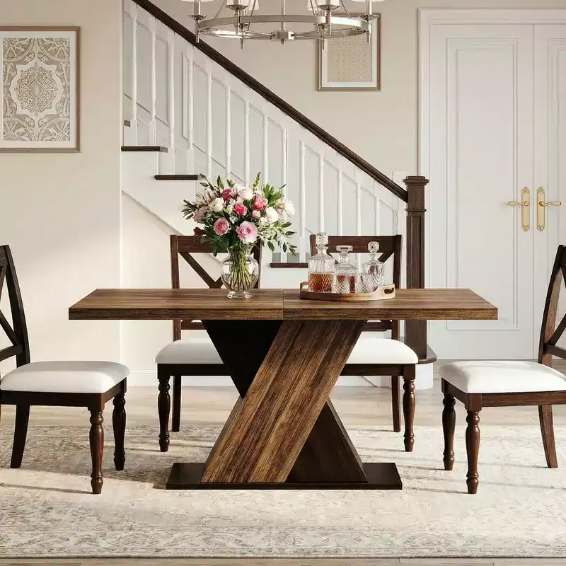MAYEERTY 55 Farmhouse Dining Table, Dark Wood Grain 4-6 Seater Rectangular Kitchen Table, Easy Assembly