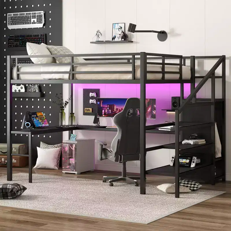 Okak Metal High Loft Bunk Bed with L-shaped Desk & USB Heavy Duty Bedframe with Wardrobe & Adjustable Shelf LED for Adults Teens Kids