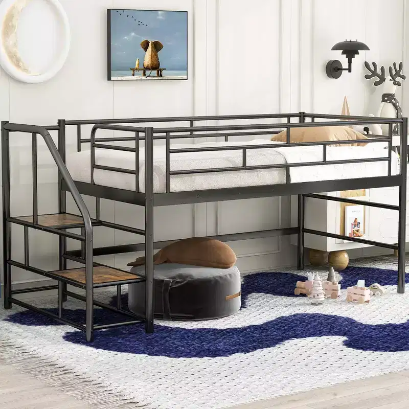 88.80''L 41.40''W 39.00H Mid Loft Bed with Storage stairs
