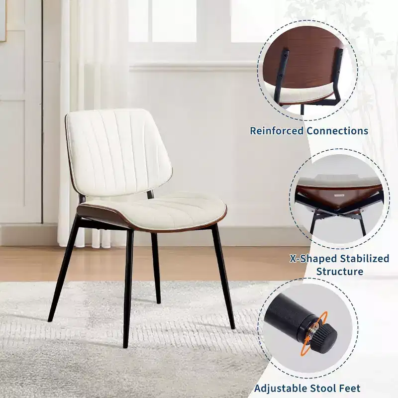 Mid-Century Modern Dining Chairs Set of 2 with PU Leather Upholstery  Walnut Bentwood Back & Adjustable Feet