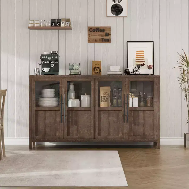 Sideboard Buffet Cabinet with 4 Glass Doors, 55 in Buffet Table Display Cabinet for Kitchen Dining Room, Living Room