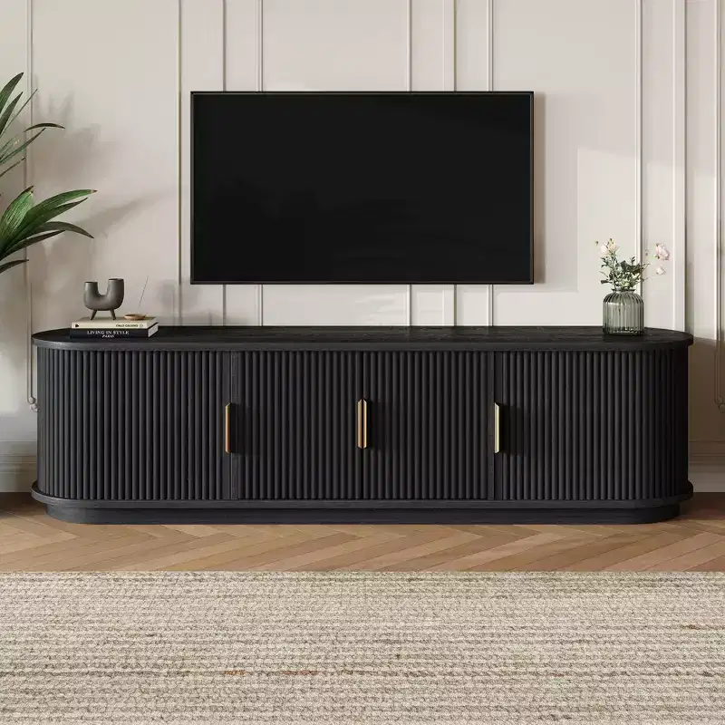 GDFStudio Roy Farmhouse Wooden TV Stand with Sliding Tambour Door and Adjustable Storage