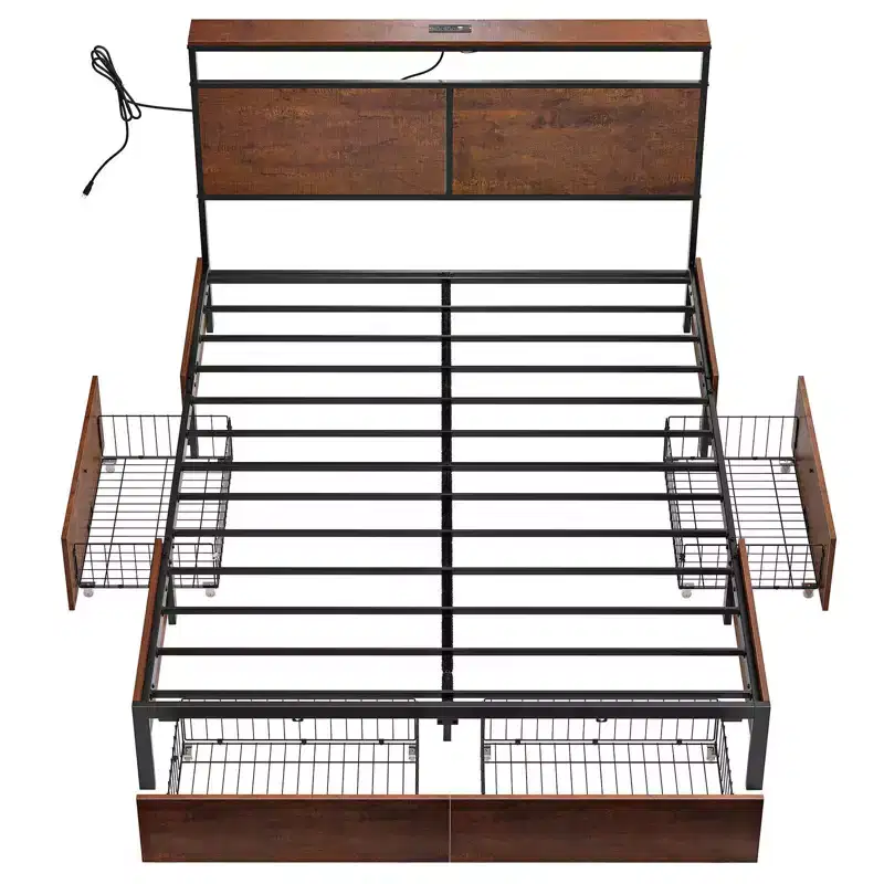 Hausource Upholstered Bed Frame with LED Headboard, Storage Drawers & USB Ports, No Box Spring Needed