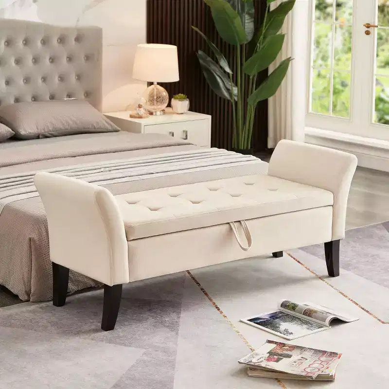 Okak 51.5 Velvet Storage Bench with Arms and Wooden Legs, End of Bed Bench with Padding Seat, Storage Ottoman for Home