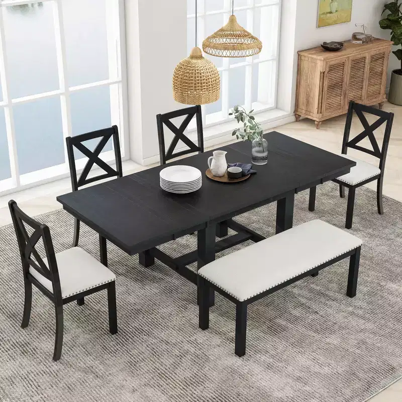 Farmhouse Extendable Dining Table Set for 6, Solid Wood Rectangular Kitchen Table Set with Removable Leaf, 4 Upholstered Chairs and Bench