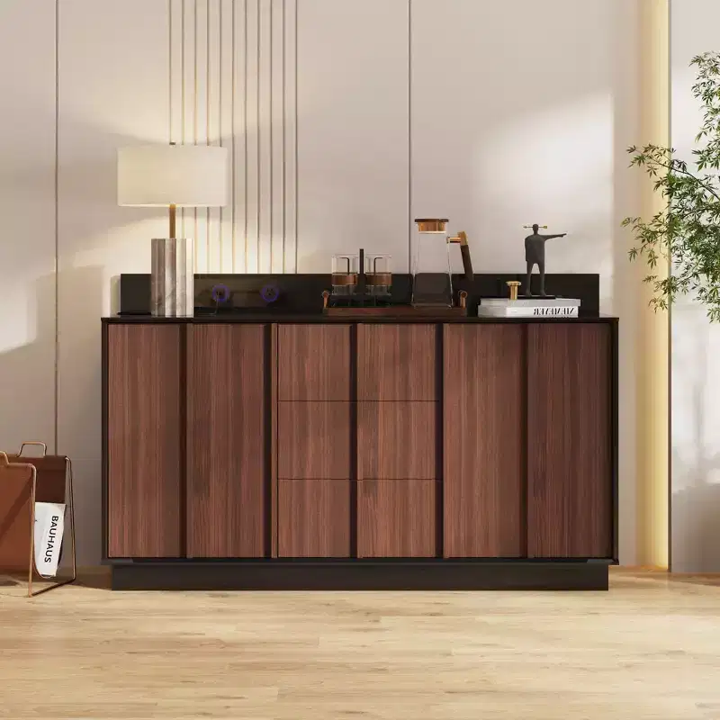Famapy Multifunctional Storage Cabinet Buffet Kitchen Cabinet with Sliding Outlets  Black Gloss & Wood Finish