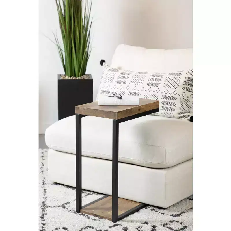 Industrial Snack Side Table – Black Metal Base, Antique Nutmeg Wood Top