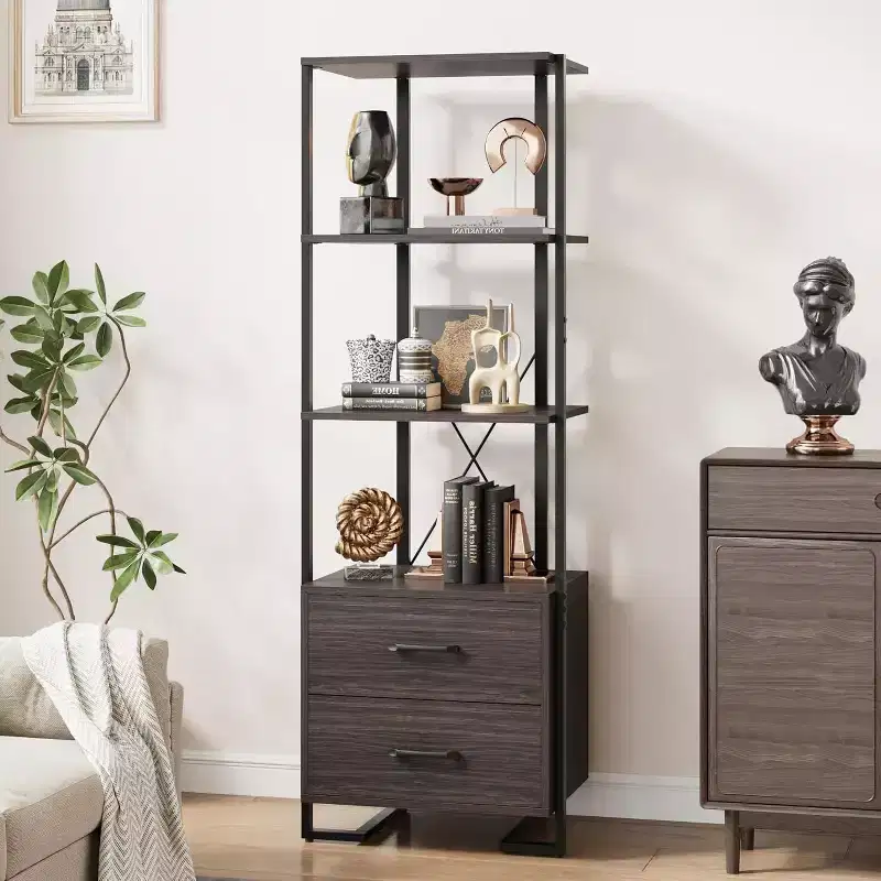 4 Shelf Bookcase with Storage Drawers, 70.9 Inch High Open Display Shelf for Living Room, Bedroom, Office