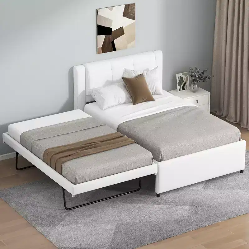 Twin/Full Size Upholstered Platform Bed Frame with Soft Padded Headboard & Trundle
