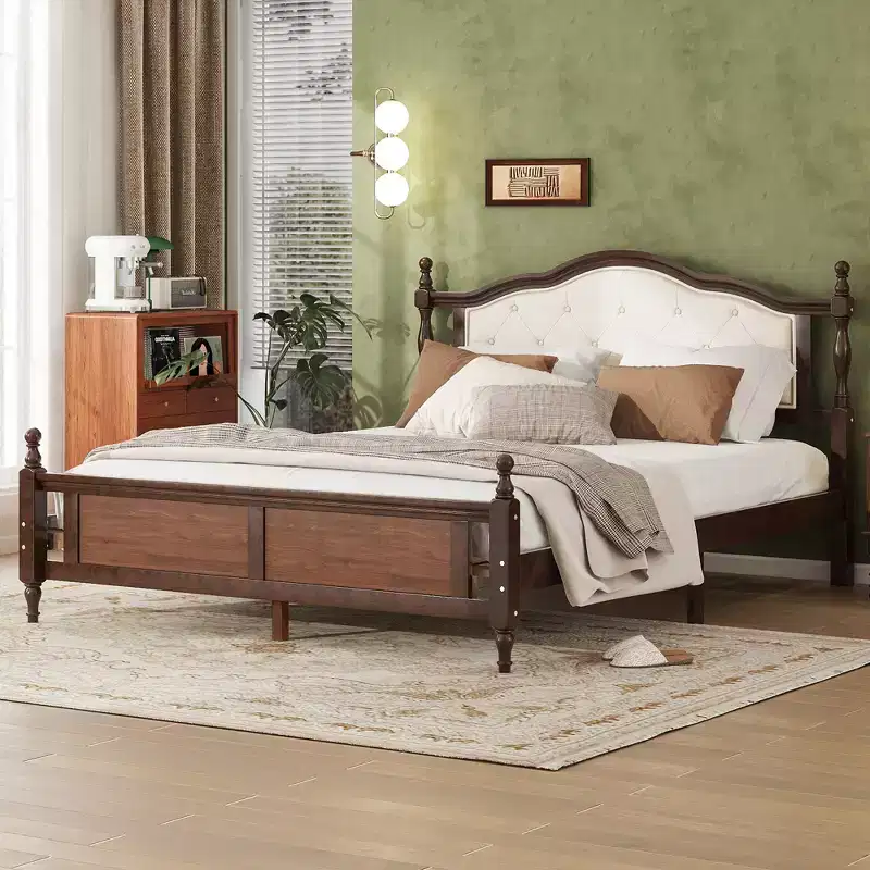 MATEERTY Queen Pine Wooden Bed with Panel Footboard with Two Bed Rail Support Feet and Central Platform Support Feet Brown