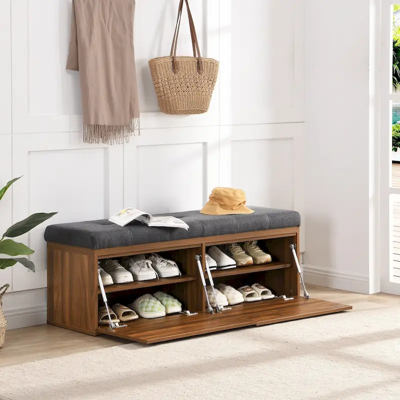 Shoe Storage Bench Entryway Shoe Cabinet Storage Ottoman with Padded Seat Cushion and Double Doors for Entryway