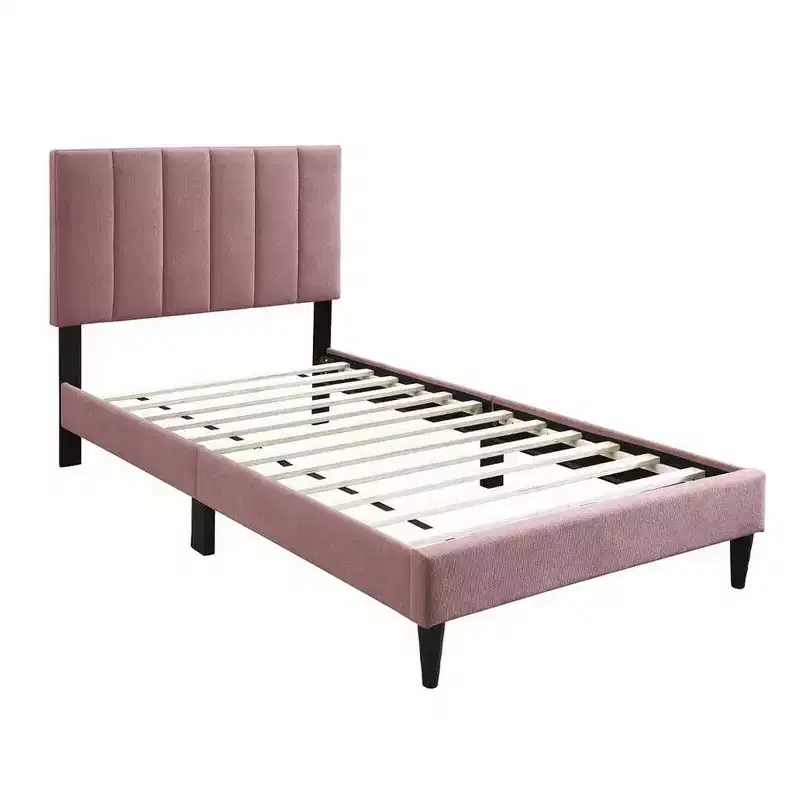 Royal Hampton Full Size Bed, Blush Pink Linen Upholstery, Channel Tufted