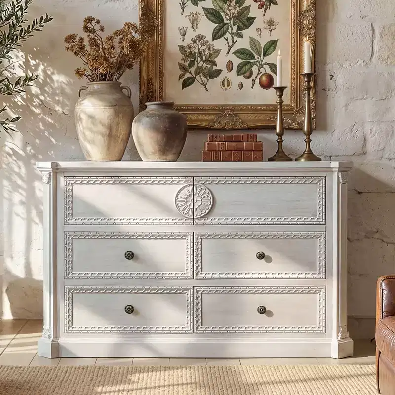 Homsee Pre-Assembled White Solid Wood 6-Drawer Dresser: Ornate Carved Details + Vintage Trim  Ready-to-Use Statement Storage for Bedrooms