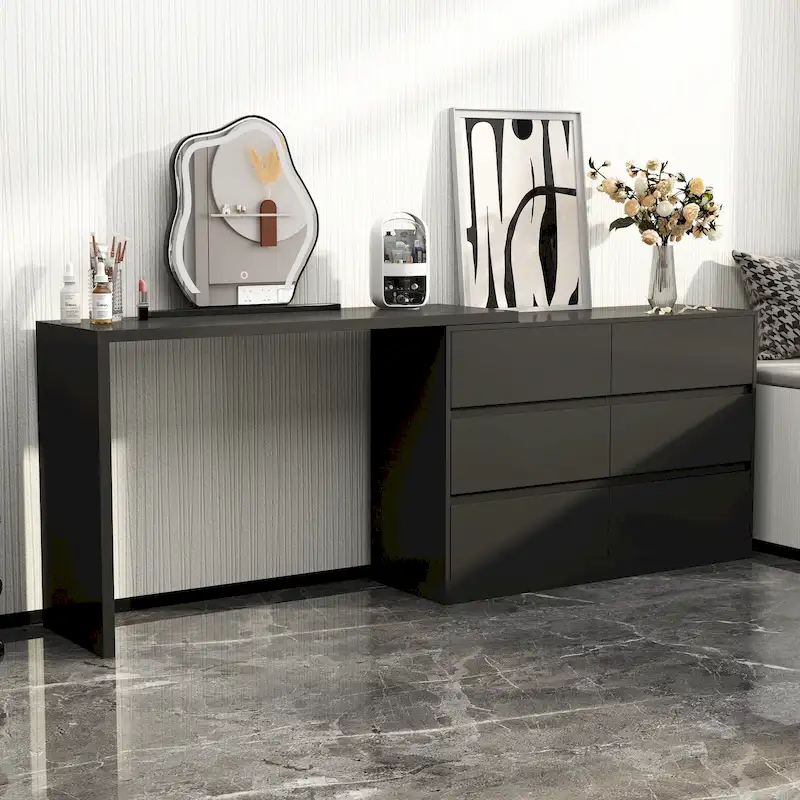 32.7H Rotating Dresser and Desk 6 Drawer Dresser Makeup Vanity White/Black