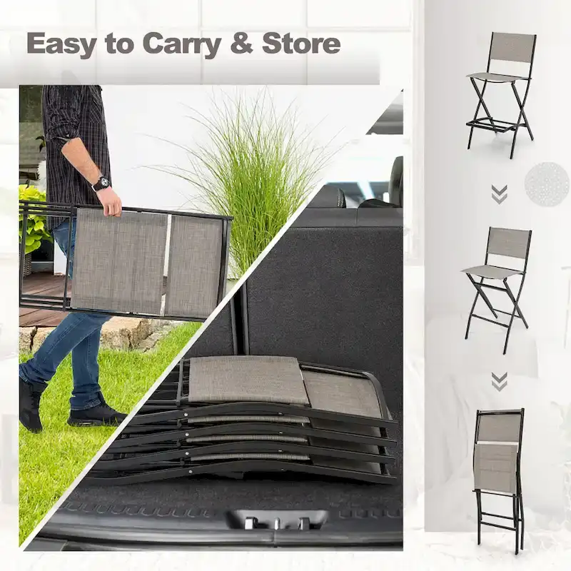 Gymax Folding Bar Stools Set of 2 Patio Sling Chairs w/ Backrest