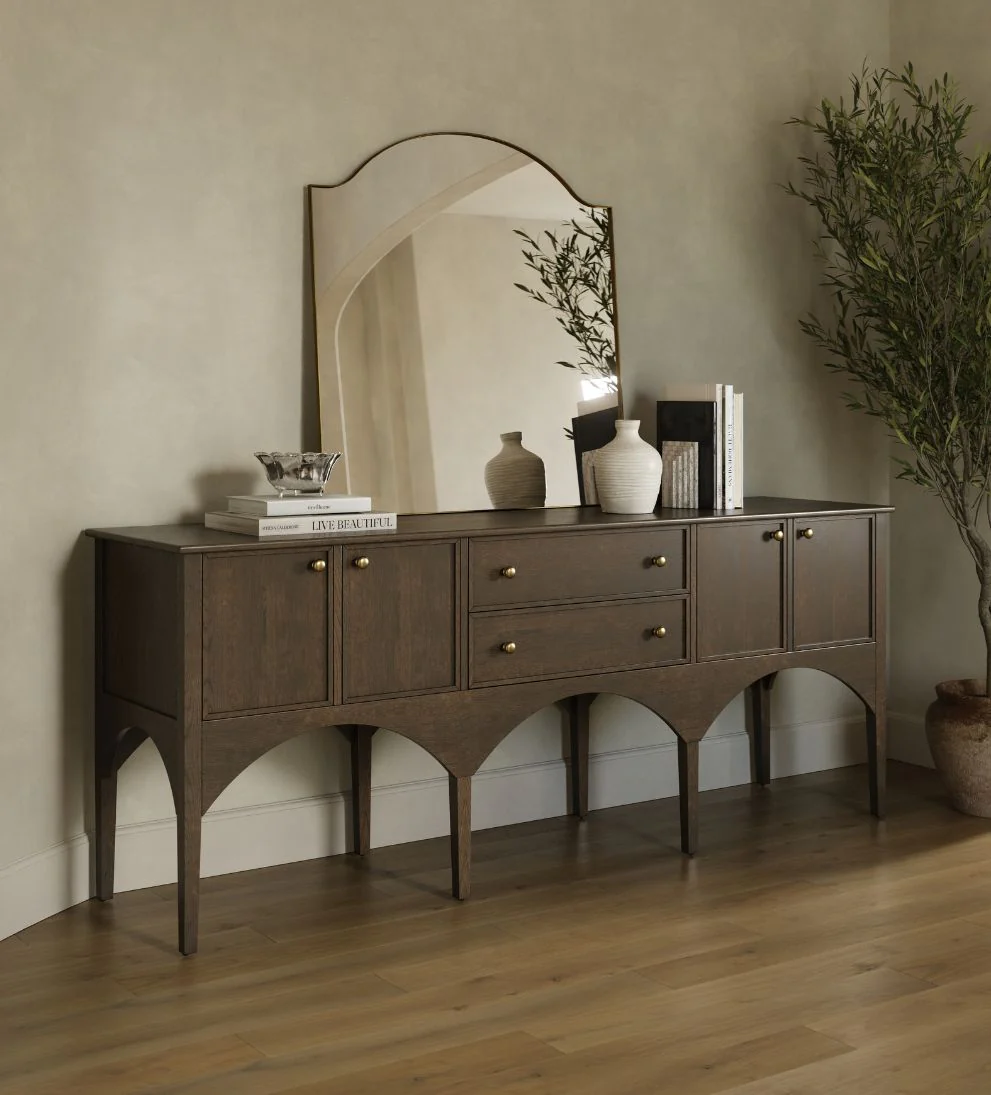 Buffet Espresso ¨C 84 Wide Espresso Oak Buffet with Sculpted Doors, Brass Hardware, Generous Concealed Storage for Dining Room, 84W x 21D x 34H