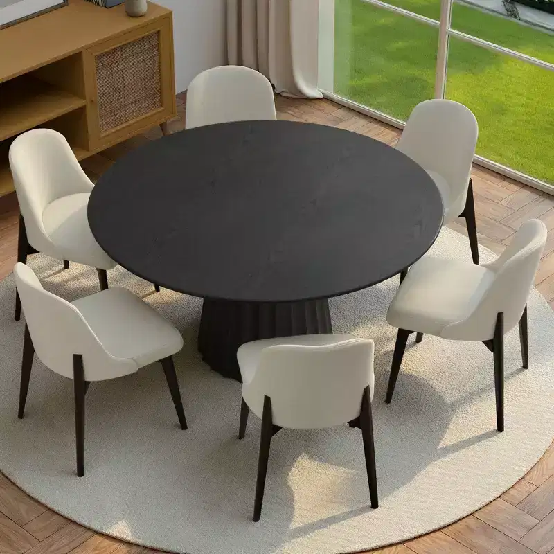 PexFix 52 Modern Round Dining Table Set with 6 Upholstered Chairs Black Textured Wood Top Pleated Pedestal Base Beige Seats for Kitchen Dining Room