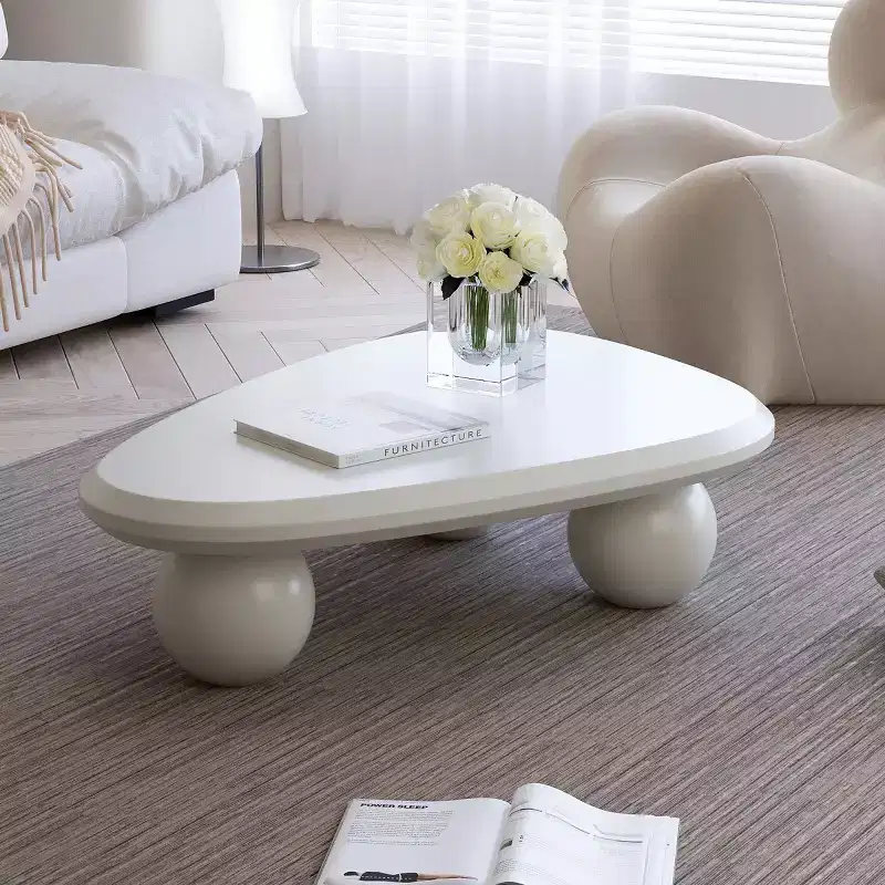 Modern Curved Triangular Coffee Table with 3 Ball Legs, High-Quality Accent Center Table for Living Room or Small Spaces