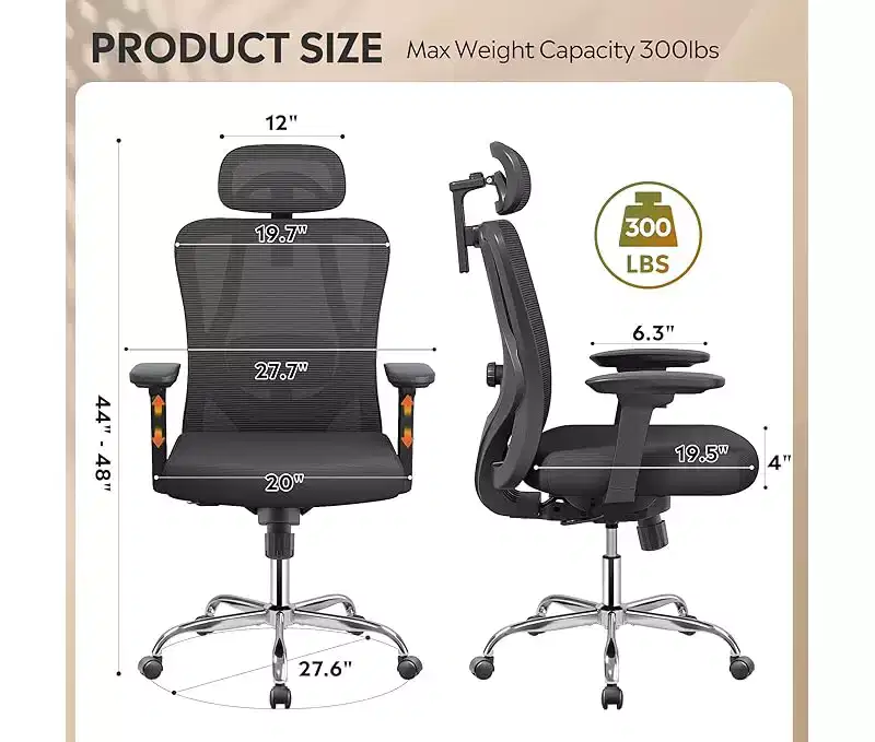 Ergonomic Mesh Desk Chair with Adjustable 3D Headrest Tilt Function, Big and Tall Reclining Chair with Lumbar Support and 3D Armrests