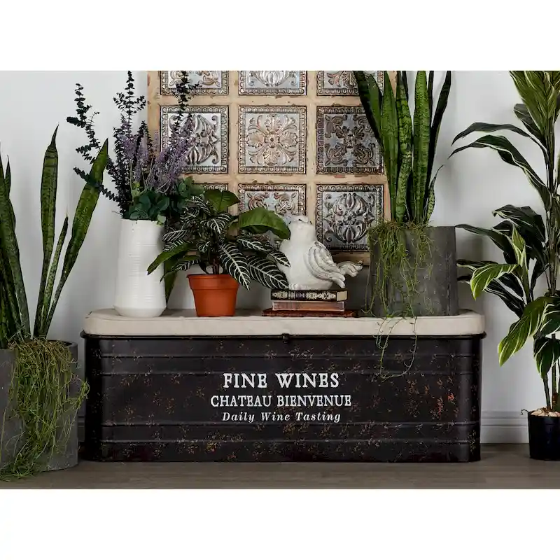 Metal Storage Bench with Cream Burlap Top and Champagne Typography - Brown - Roche River Decor - 16W x 48L x 17H