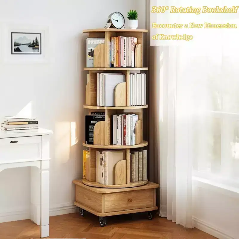 VIYET 56 5-Tier 360 Rotating Bookshelf, Oak MDF Tower w/ Wheels & Drawer (Space-Saving Storage for Home/Office)