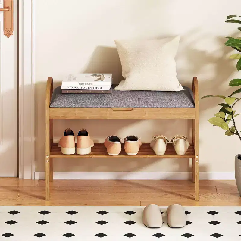 Costway Bamboo Entryway Shoe Bench 2-Tier Shoe Rack with Flip Top Storage for Hallway