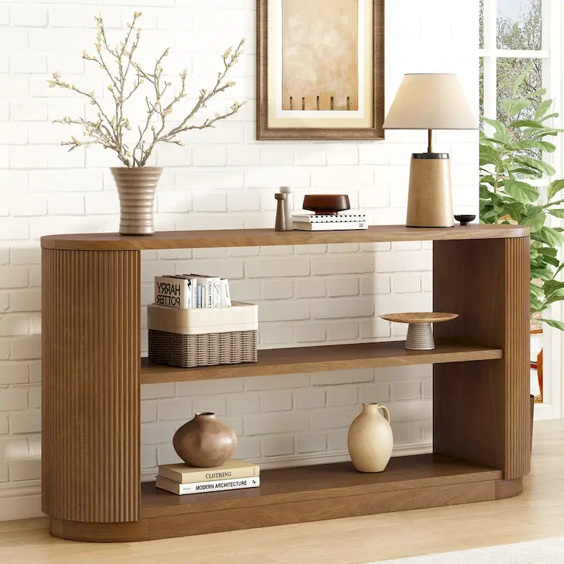 Console Table with Open Shelves and Fluted Wood Veneer