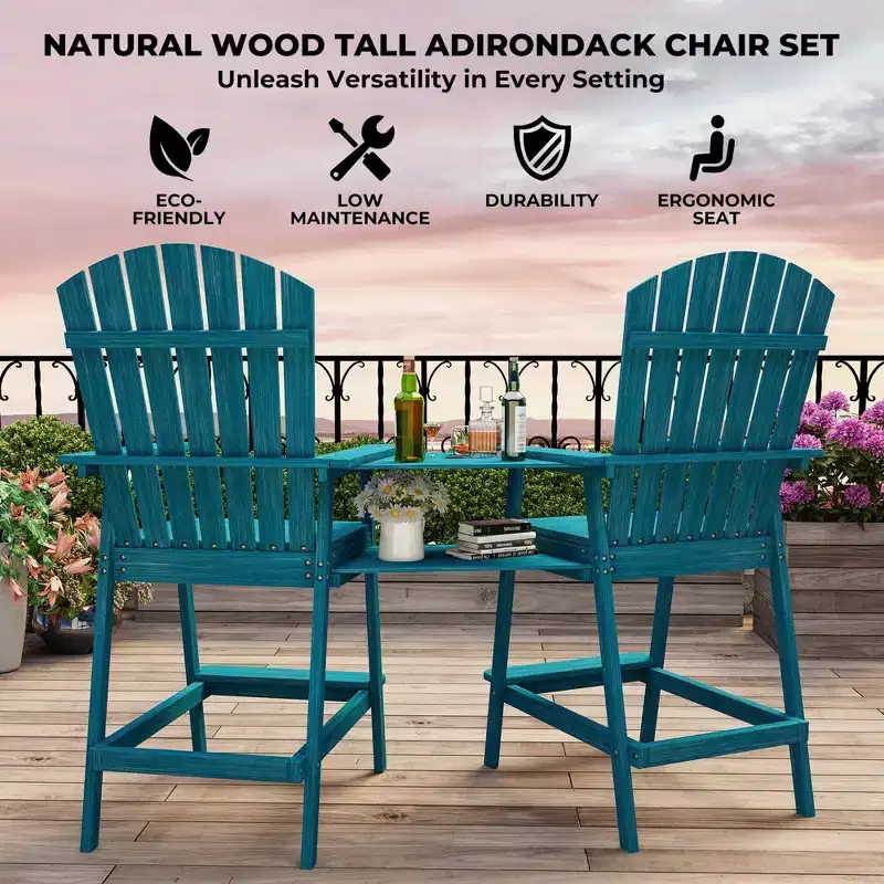 Patio Tall Adirondack Chairs, Outdoor Adirondack Barstools with Connecting Tray, Natural Wooden Bar Stool Chair with High Back for Deck, Balcony