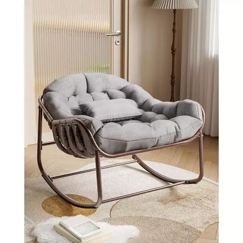 Oversized Papasan Rocking Chair Metal Frame Wicker Rattan Cushion for Patio Backyard Balcony Grey