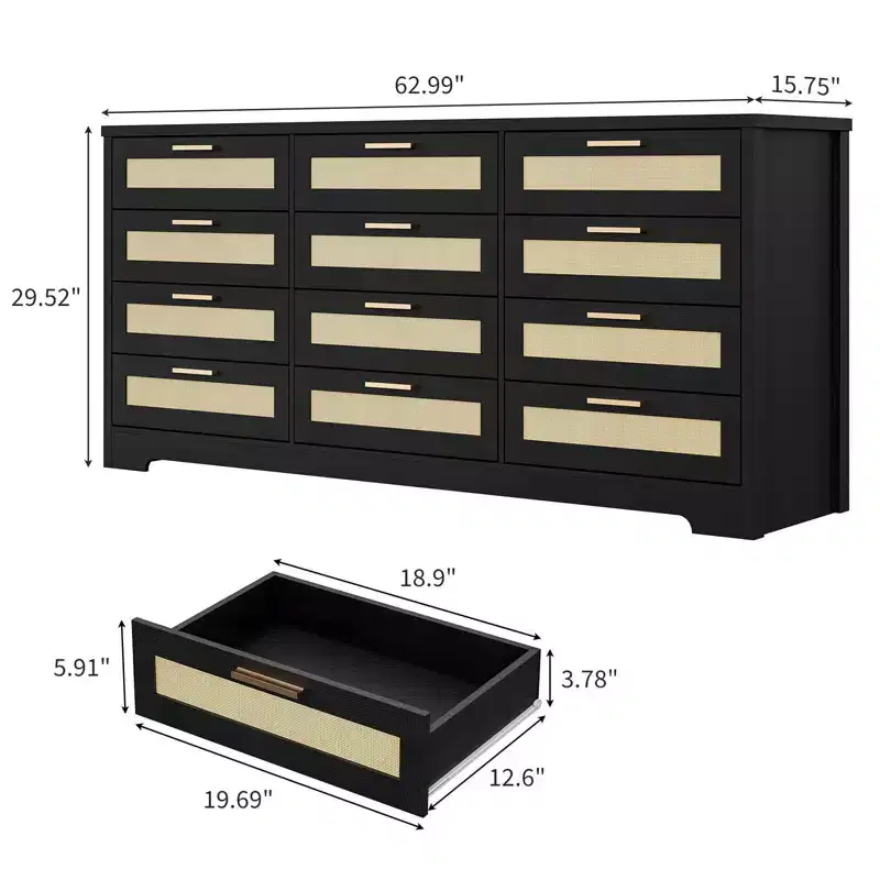 12 Drawer Dresser for Bedroom, Modern Rattan Chest of Drawers, Wood Storage Organizer with Rattan Panel Drawers and Handles, for Nursery, Entryway