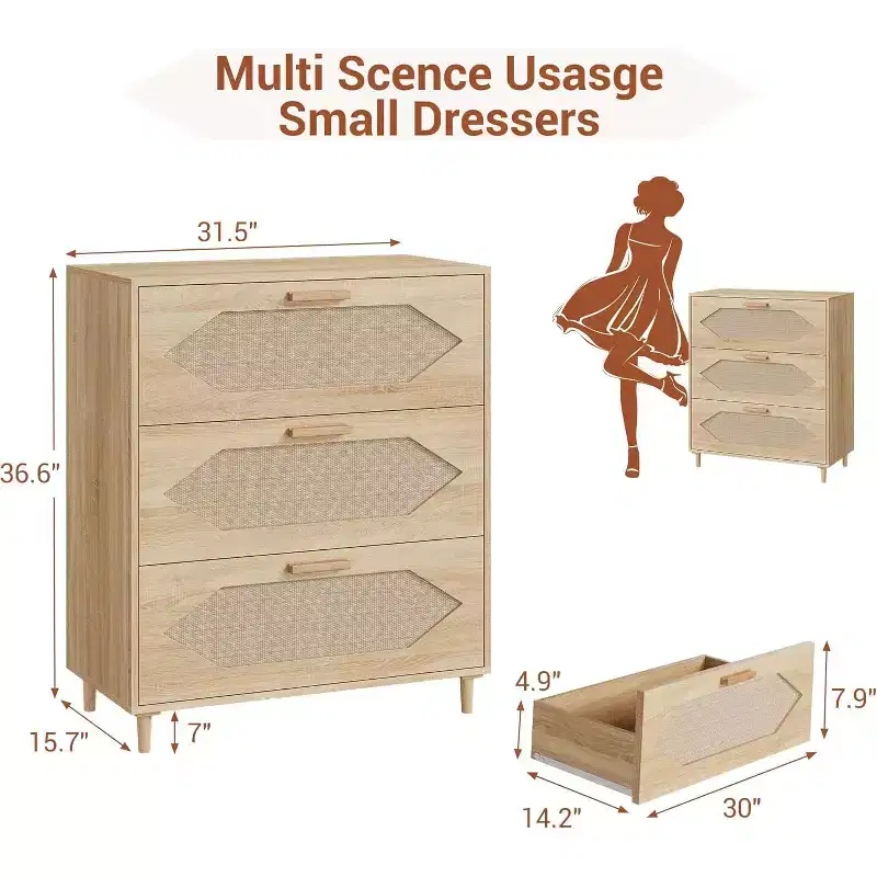 DobleePy 31.5 Oak Rattan 3-Drawer Dresser, Wood Storage Cabinet Chest for Bedroom, Entryway, Hallway, Easy Assembly, Boho Style