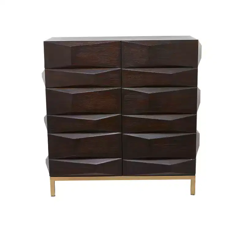 Contemporary Facet Carved Wood Side Cabinet, 2 Doors, Brown & Gold, 100 lbs