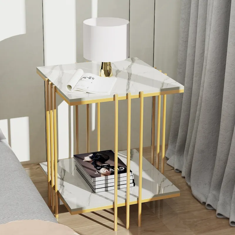 2-Tier Square Sintered Stone Side Table with Iron Frame – White & Gold, 1-Unit