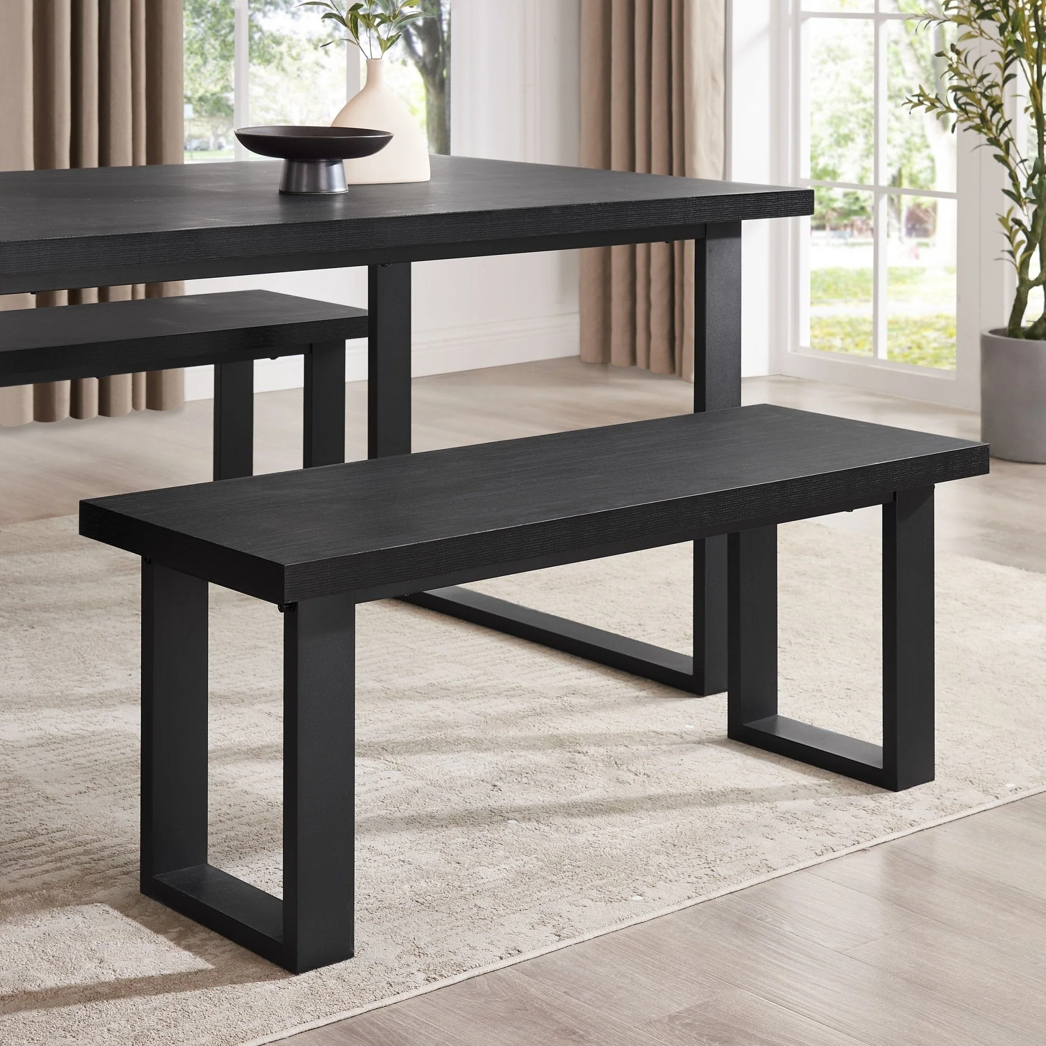 Modern Black Metal Dining Bench with Upholstered Seat for Dining Room