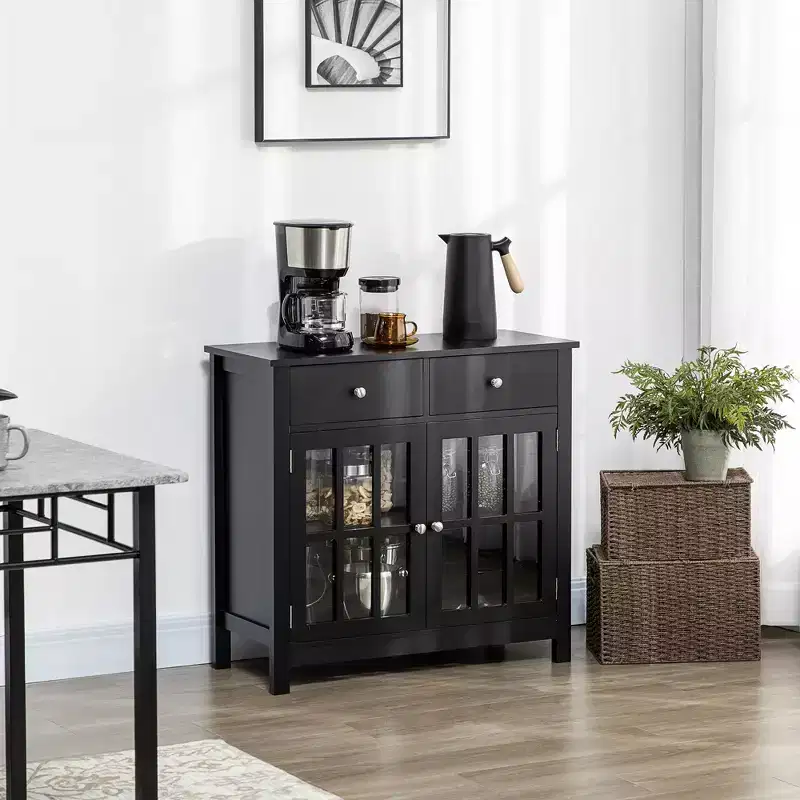 HOMCOM Sideboard Buffet Cabinet, Storage Cabinet Cupboard Table with Glass Doors, Adjustable Shelf Cabinet and 2 Drawers for Kitchen