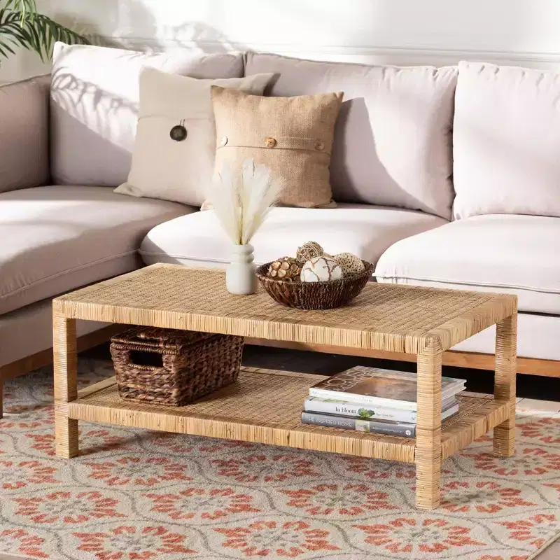 Rattan and Mahogany Wood Rectangle Coffee Table with Open Shelf, Light Honey