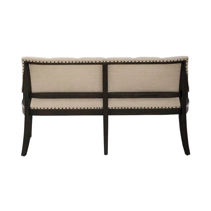 Black Upholstered Shelter Dining Bench with Tufted Back and Nail Head Trim