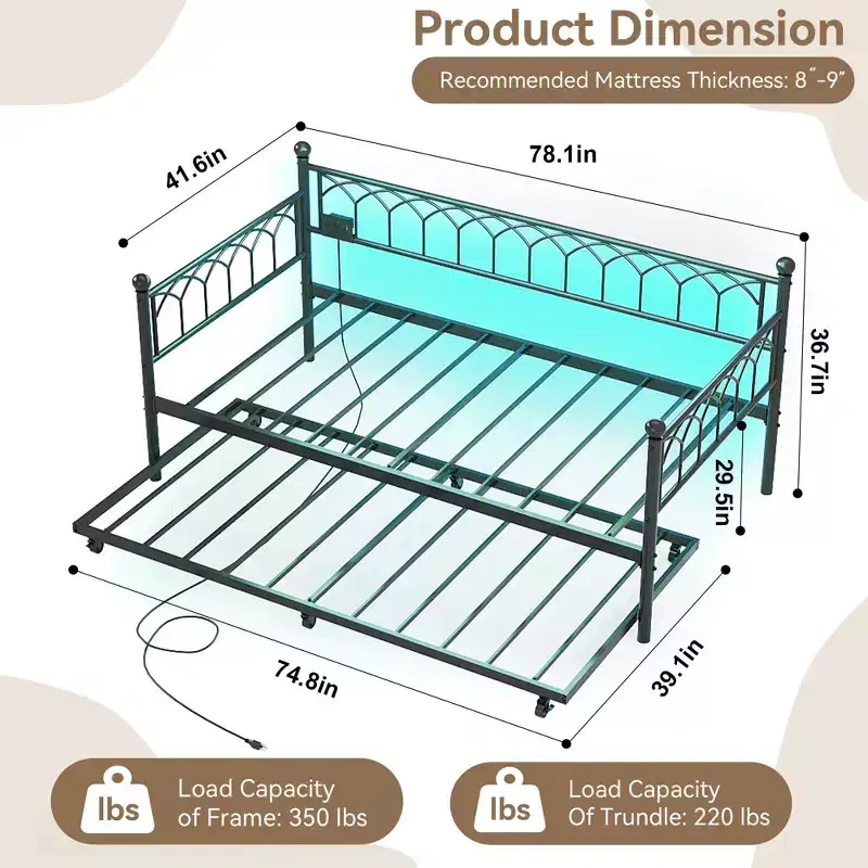 COZONY Twin Daybed with Trundle  Metal Sofa Bed Frame with Charging Station, LED Lights & Pull-Out Design for Bedroom, Living Room