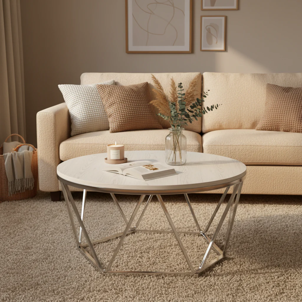 33 Silver Manufactured Wood And Metal Round Coffee Table