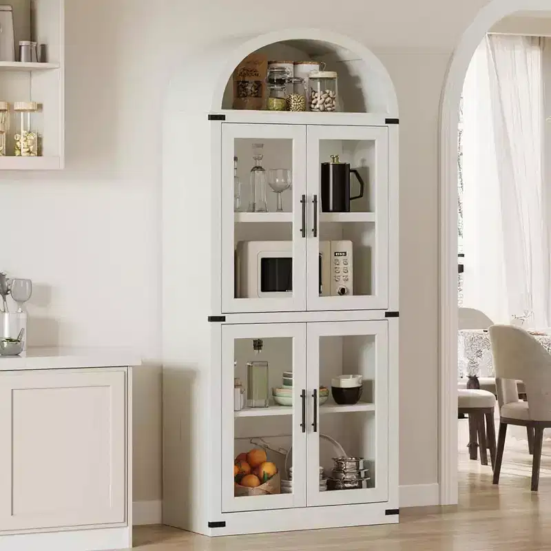 Coolmee Arched Bookshelf with Doors, Farmhouse Display Storage Shelves, 71.4in Tall Wooden Rounded Bookcases for Living Room, Kitchen, Office