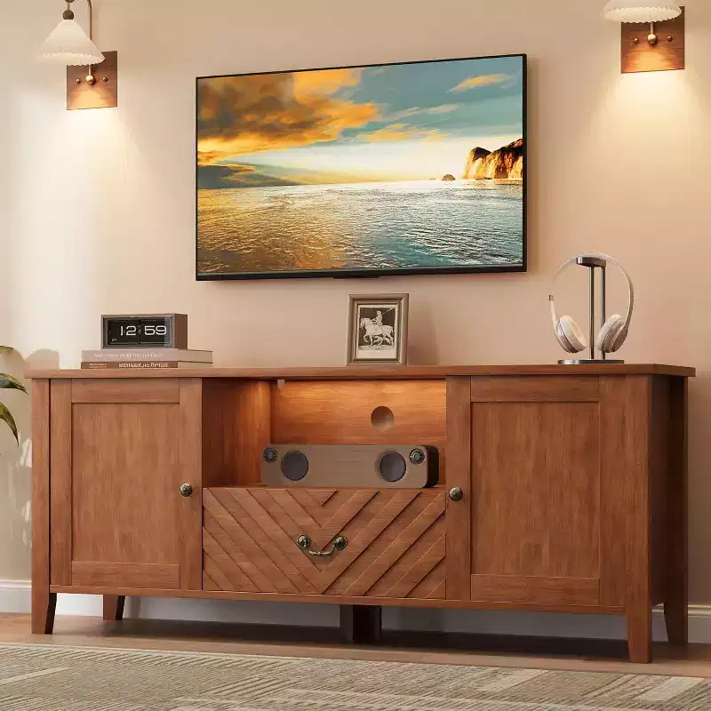 TV Stands for 65 Inch Tv, Entertainment Center with Led Lights,TV Console Table with 2 Storage and 1 Drawer, Retro V-Shaped TV Table for Living Room